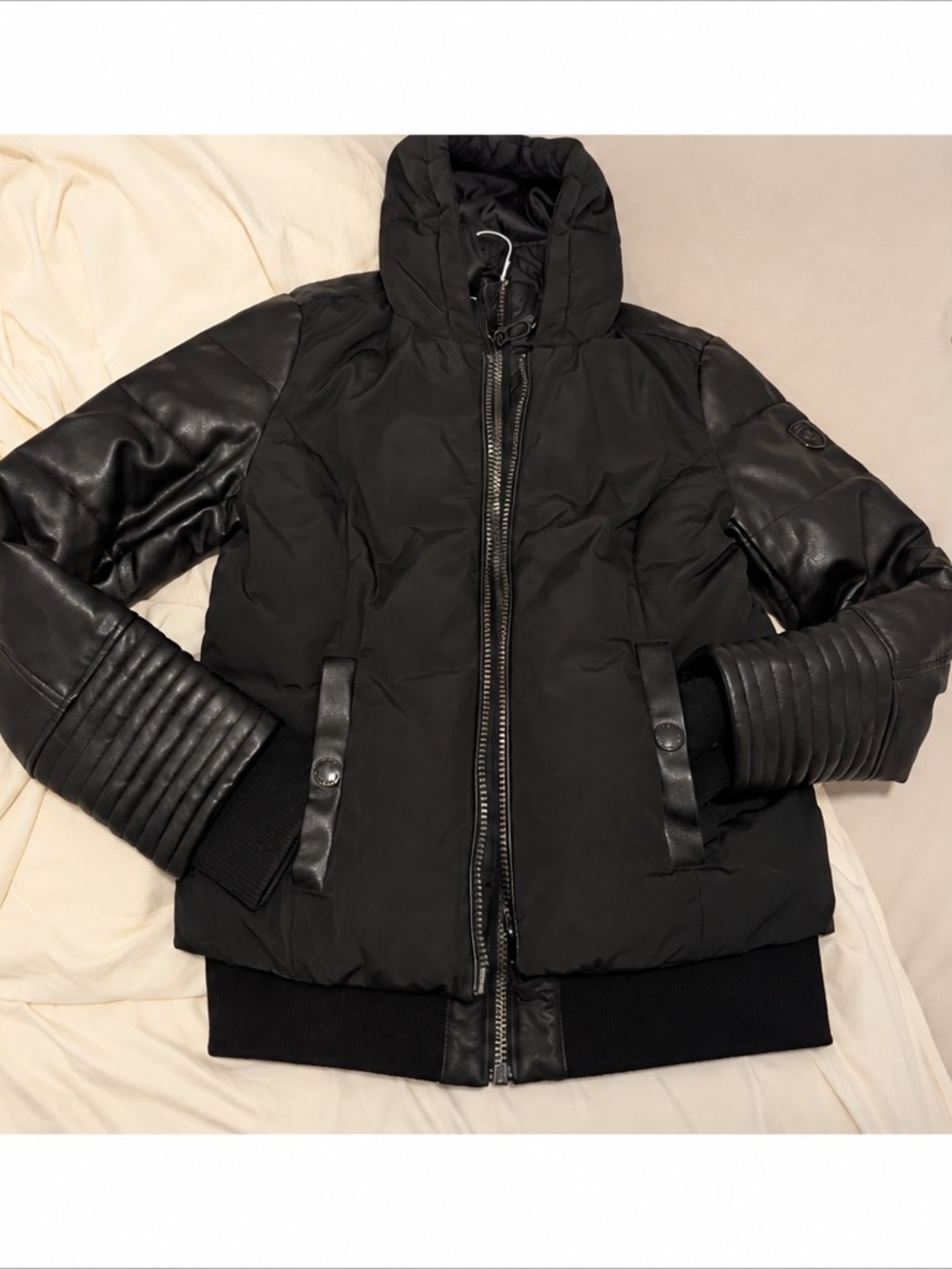 Noize Black Quilted Puffer Jacket with Leather Sleeves